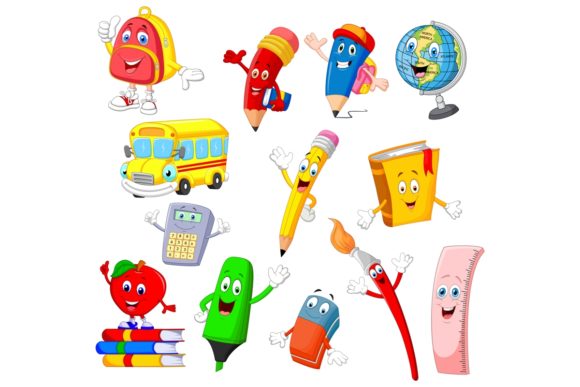 Set of Thirteen Cartoon School Supplies Graphics and Illustrations Review